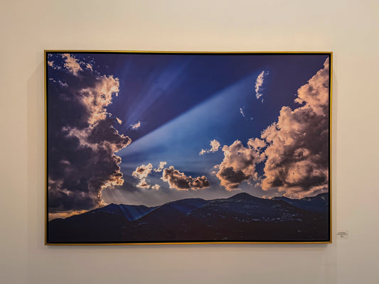 RAY OF LIGHT OVER LAKE COMO: 60" x 40" White Matte Metal w/ Floating Gold Frame