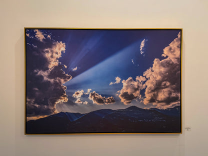 RAY OF LIGHT OVER LAKE COMO: 60" x 40" White Matte Metal w/ Floating Gold Frame