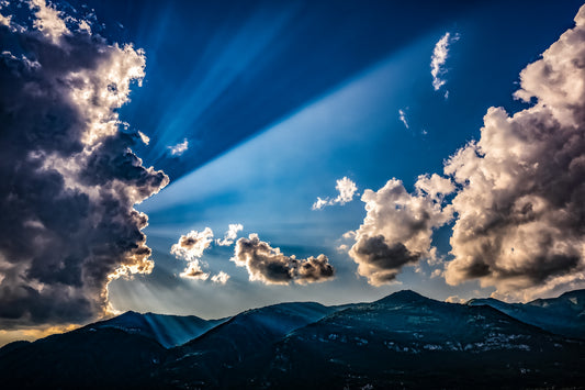 RAY OF LIGHT OVER LAKE COMO: 60" x 40" White Matte Metal w/ Floating Gold Frame